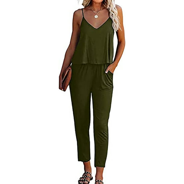 Adibosy Women V Neck Jumpsuits Overalls Strap Sleeveless Summer Casual Playsuit Rompers with Pockets Adibosy Women V Neck Jumpsuits Overalls Strap Sleeveless Summer Casual Playsuit Rompers with Pockets